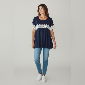 Suzanne Betro Dark Blue Blouse with White Lace